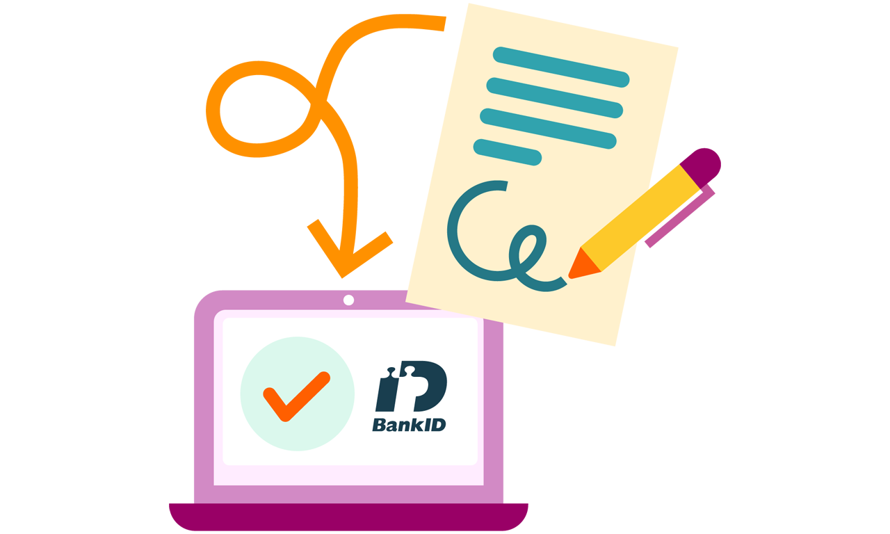 Dator med BankID och ett signerat dokument